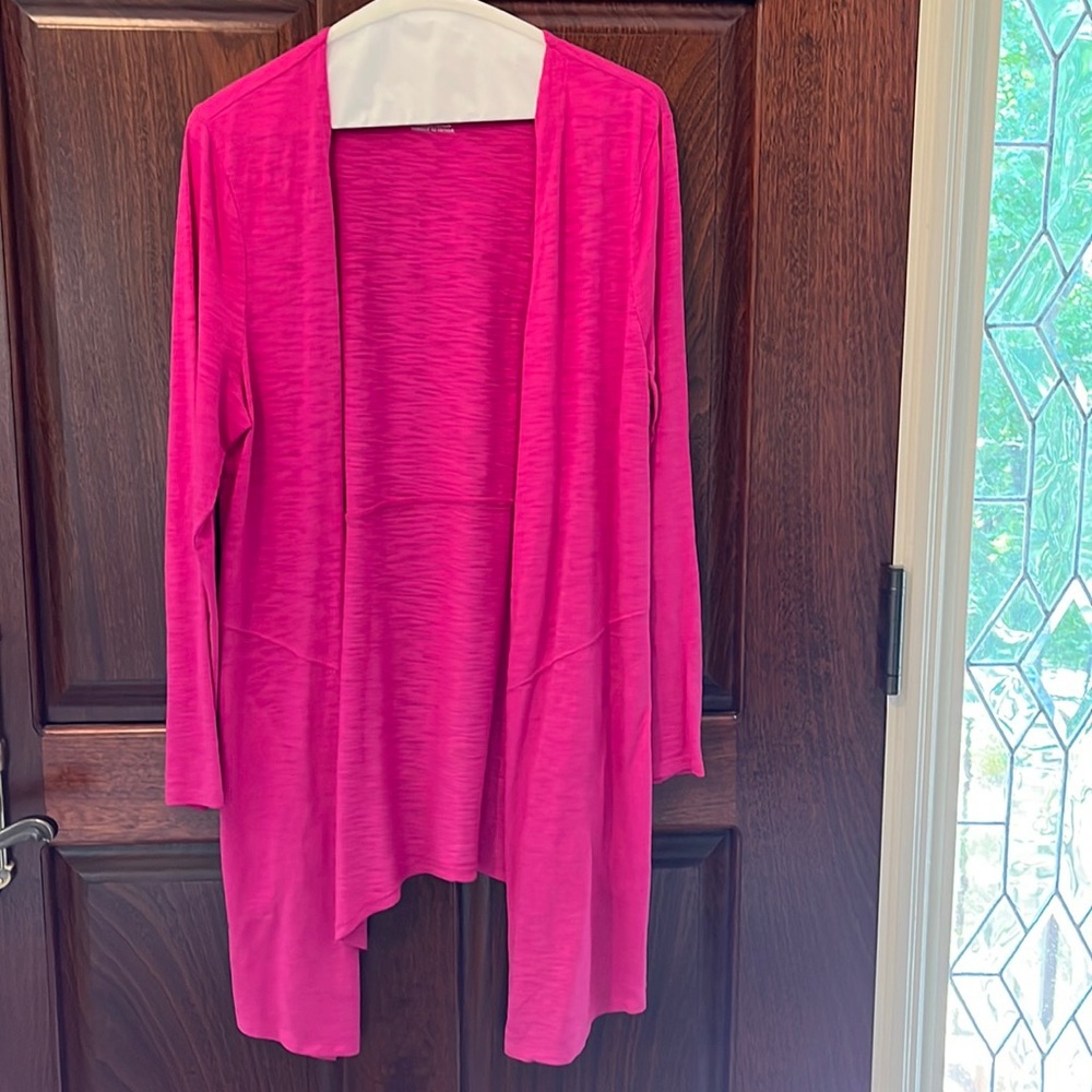 Hot pink cardigan style tunic. 100% cotton knit. Chico size one.